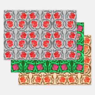 William Morris Pimpernel, Grey & Red, Pink, Orange Wrapping Paper Sheet