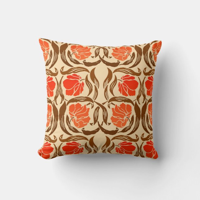 William Morris Pimpernel, Mandarin Orange & Brown Cushion (Front)