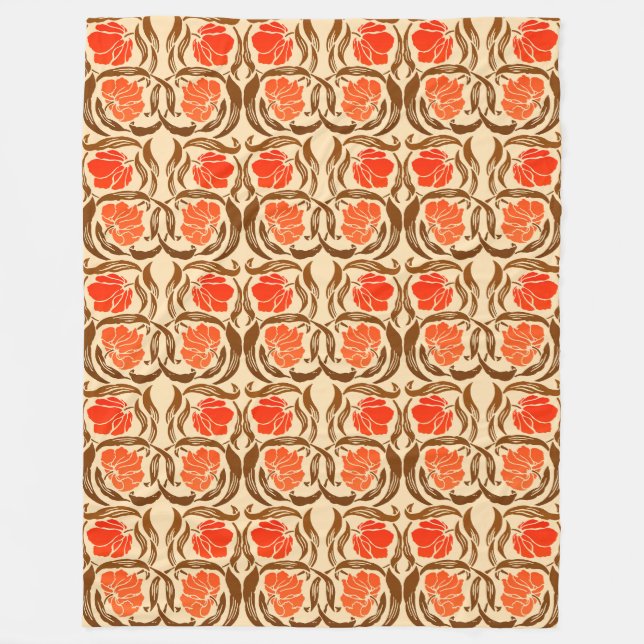 William Morris Pimpernel, Mandarin Orange & Brown Fleece Blanket (Front)