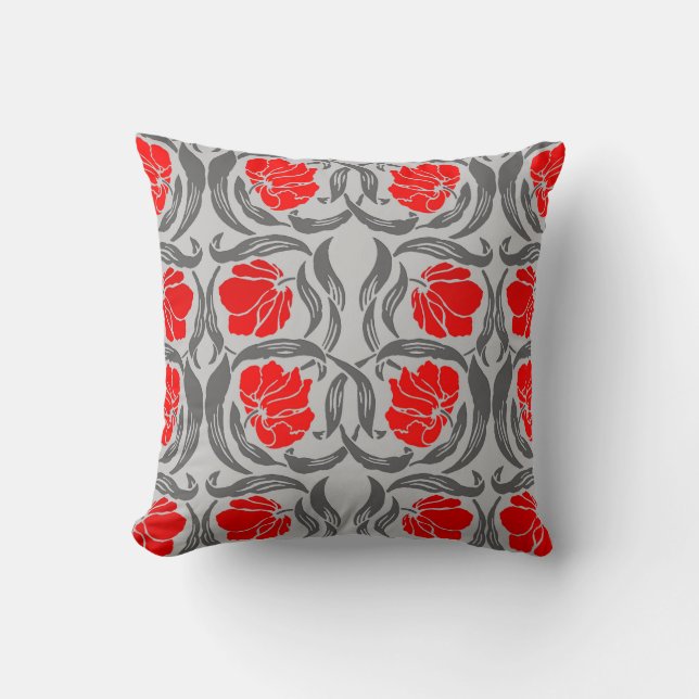 William Morris Pimpernel, Silver Grey and Red Cushion (Front)