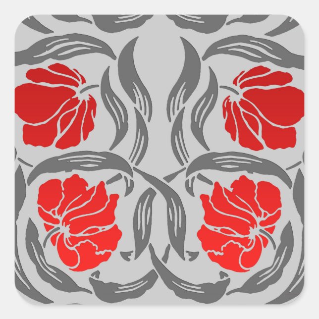 William Morris Pimpernel, Silver Grey and Red Square Sticker (Front)