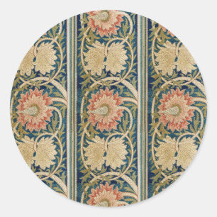 William Morris Pink Floral Silk Embroidery Antique Classic Round Sticker