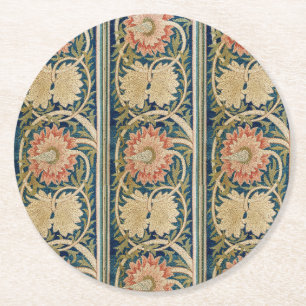 William Morris Pink Floral Silk Embroidery Antique Round Paper Coaster