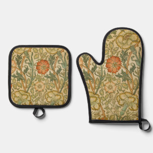 William Morris Pink Rose Border Floral Art Oven Mitt & Pot Holder Set