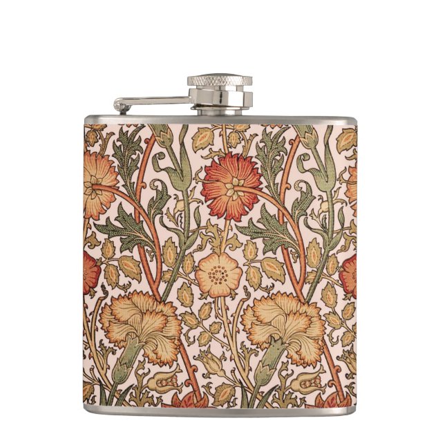 William Morris Pink Rose Flower Wallpaper Pattern Hip Flask (Front)