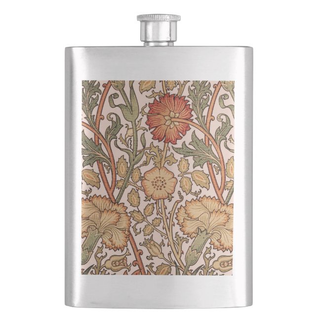 William Morris Pink Rose Flower Wallpaper Pattern Hip Flask (Front)