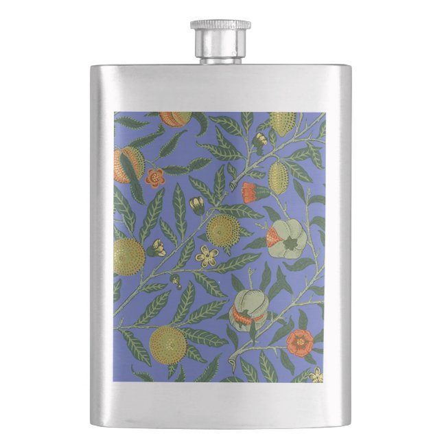 William Morris Pomegranate Blue Colourful Wallpape Hip Flask (Front)