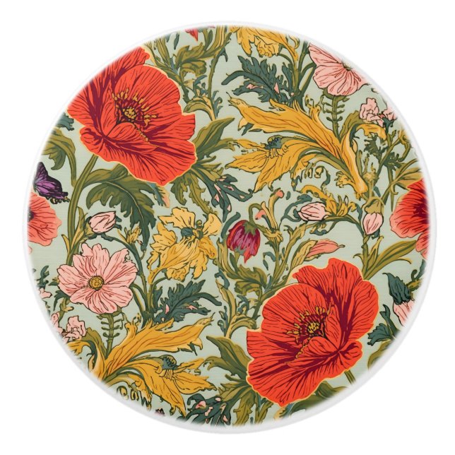 William Morris Poppies Floral Art Nouveau Pattern  Ceramic Knob (Front)
