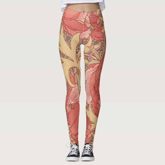 William Morris Poppies Floral Art Nouveau Pattern Leggings (Front)