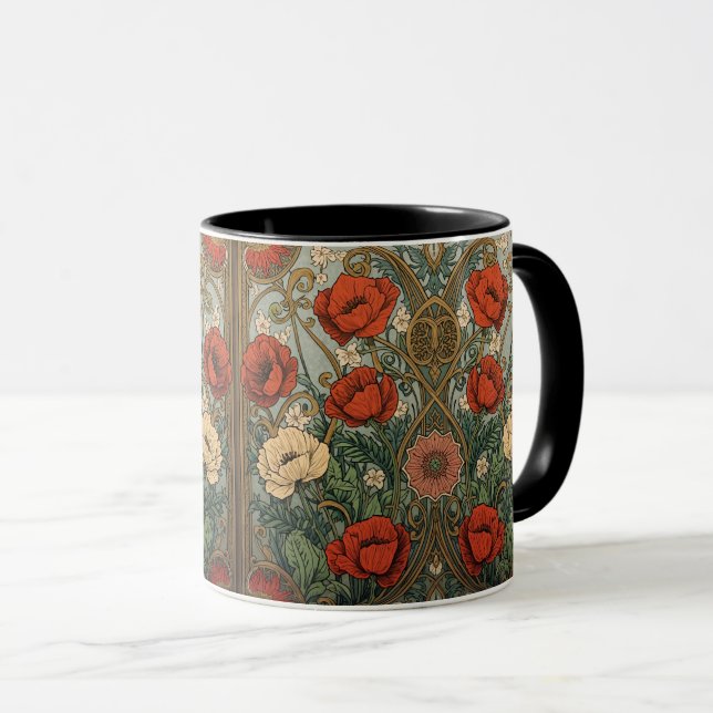 William Morris Poppies Floral Art Nouveau Pattern  Mug (Front Right)
