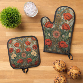 William Morris Poppies Floral Art Nouveau Pattern Oven Mitt & Pot Holder Set