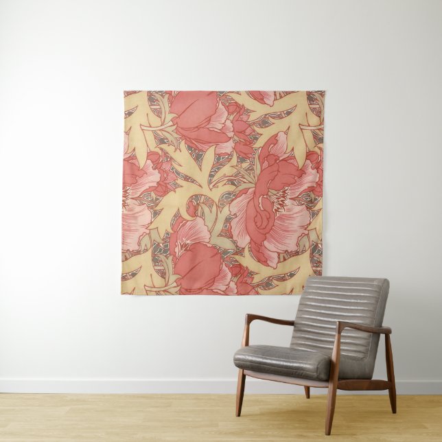 William Morris Poppies Floral Art Nouveau Pattern Tapestry (In Situ (Horizontal))