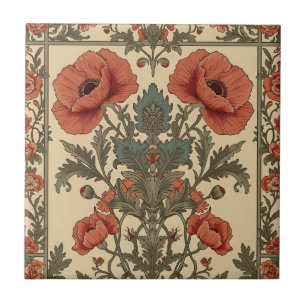 William Morris Poppies Floral Art Nouveau Pattern Tile