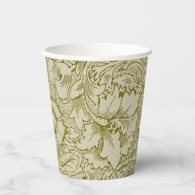 William Morris Poppy Classic Floral Green Paper Cups (Front)