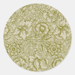 William Morris Poppy Classic Floral Green Round Sticker