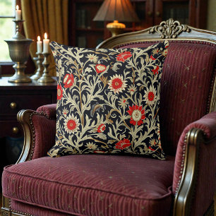 William Morris Red Gold on Black Floral Pattern Cushion