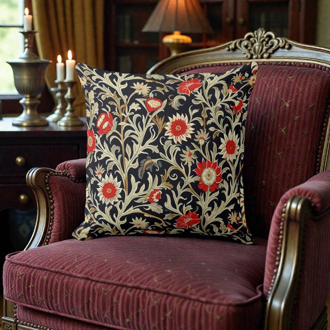 William Morris Red Gold on Black Floral Pattern Cushion (Creator Uploaded)