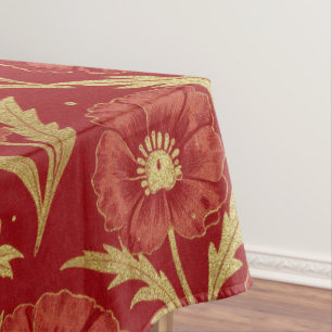 William Morris Red Gold Poppies Floral Pattern  Tablecloth