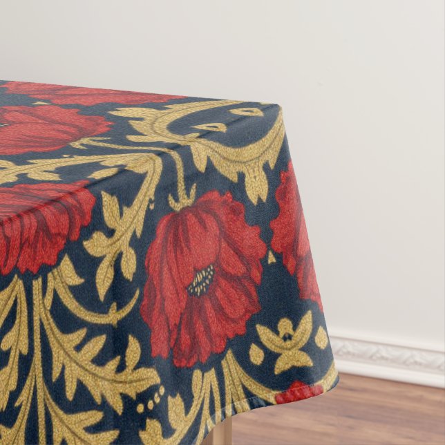 William Morris Red Gold Poppies Floral Pattern  Tablecloth (In Situ)