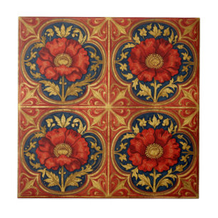 William Morris Red Gold Poppies geometric Floral Tile