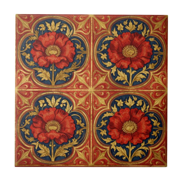 William Morris Red Gold Poppies geometric Floral  Tile (Front)