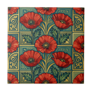 William Morris Red Gold Poppies geometric Floral Tile
