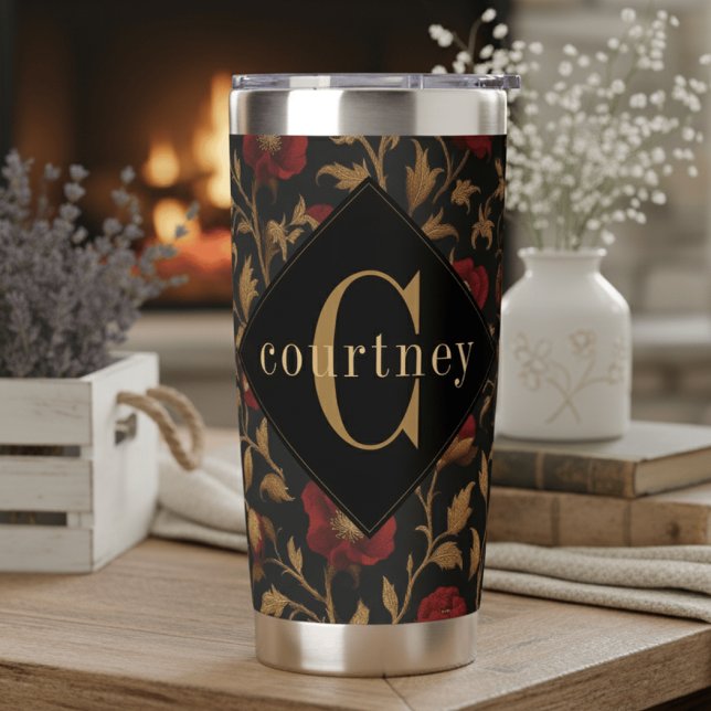 William Morris Red Gold Poppy Monogram Insulated Tumbler (Creator Uploaded)
