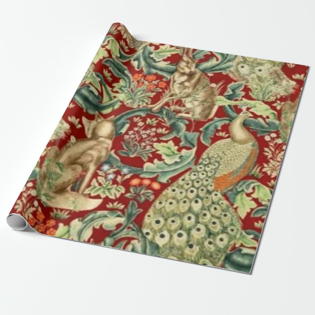 William Morris Red Pattern Forest Wrapping Paper (Unrolled)