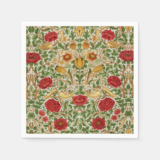 William Morris Rose & Birds Chintz Red Napkin (Front)