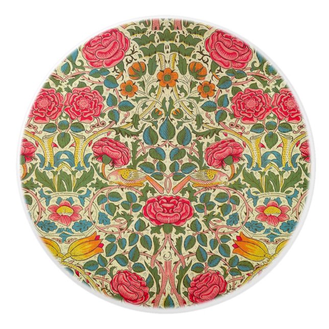 William Morris Rose Floral Chintz Pink Ceramic Knob (Front)