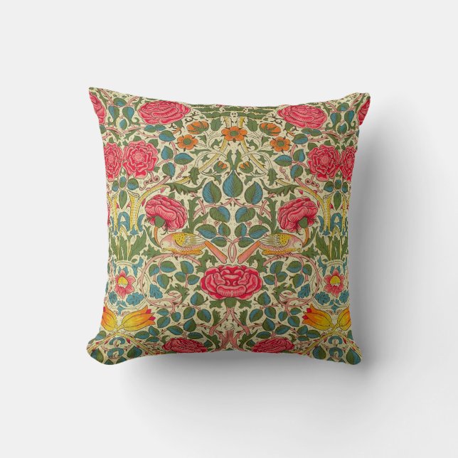 William Morris Rose Floral Chintz Pink Cushion (Front)