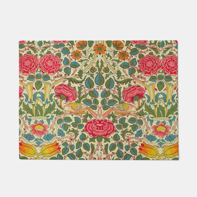 William Morris Rose Floral Chintz Pink Doormat (Front)