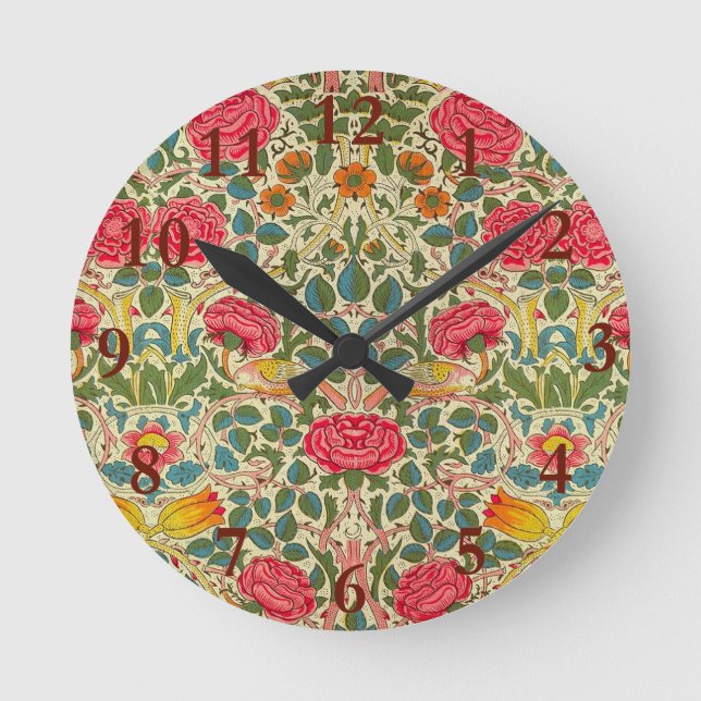 William Morris Rose Floral Chintz Pink Round Clock (Front)
