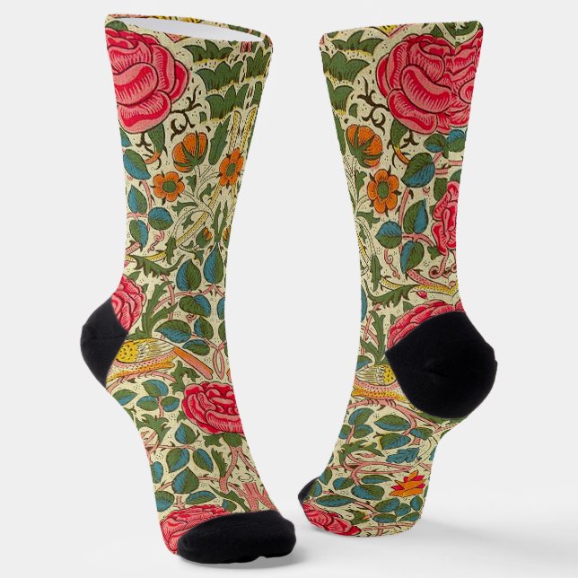 William Morris Rose Floral Chintz Pink Socks (Angled)