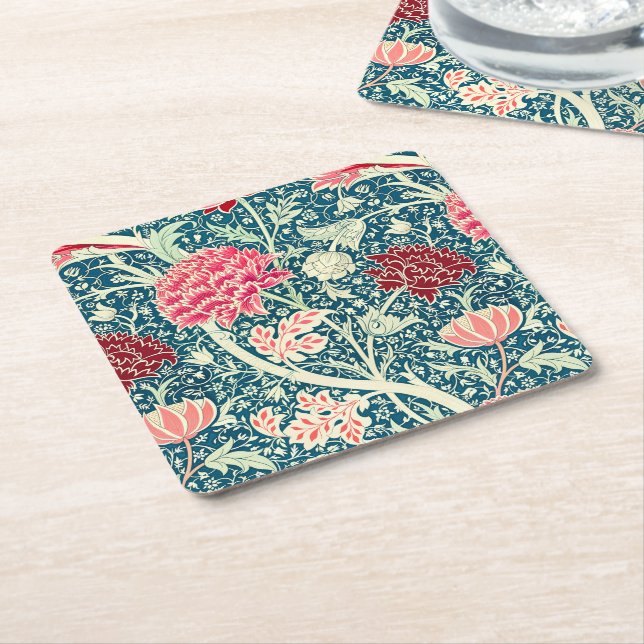 William Morris Rose Gold Green Blue Floral Pattern Square Paper Coaster (Angled)