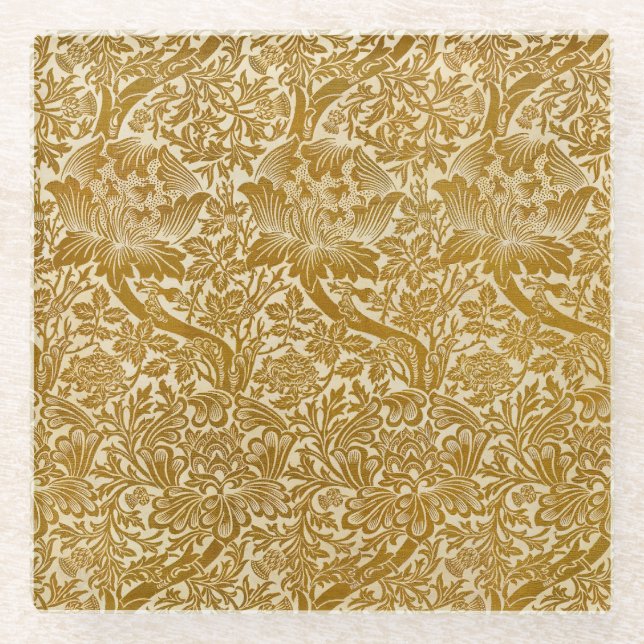 William Morris Rose & Thistle Floral Golden Glass Coaster (Front)