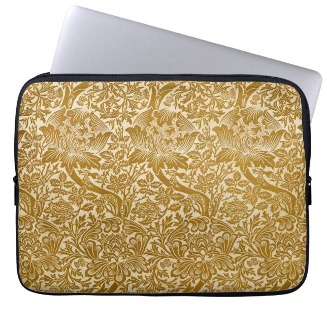 William Morris Rose & Thistle Floral Golden Laptop Sleeve (Front)