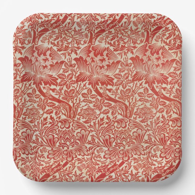 William Morris Rose & Thistle Floral Red Paper Plate (Front)