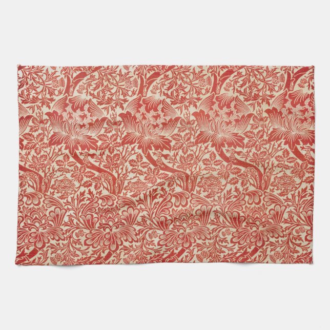 William Morris Rose & Thistle Floral Red Tea Towel (Horizontal)