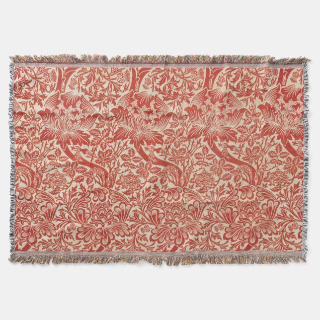William Morris Rose & Thistle Floral Red Throw Blanket (Front)