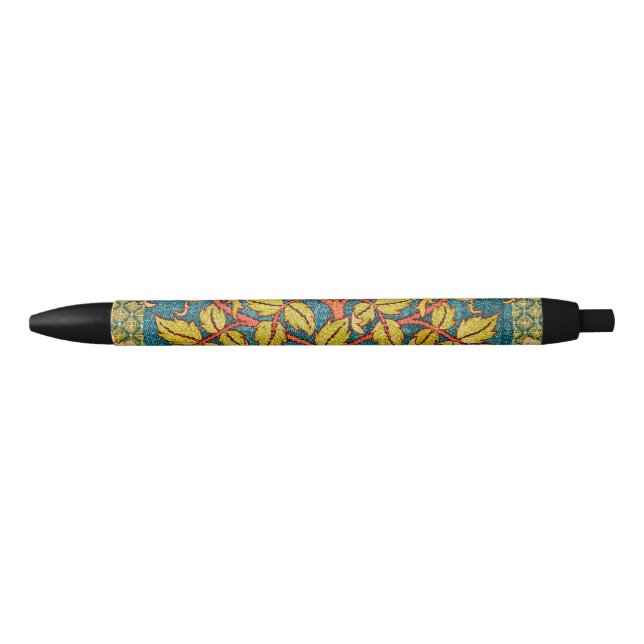 William Morris Rose Wreath: Classic Arts & Crafts  Black Ink Pen (Front)