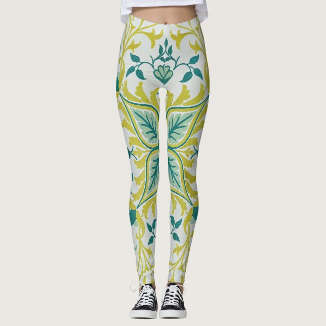 William Morris Seamless Ceiling Lime Green Pattern Leggings (Front)