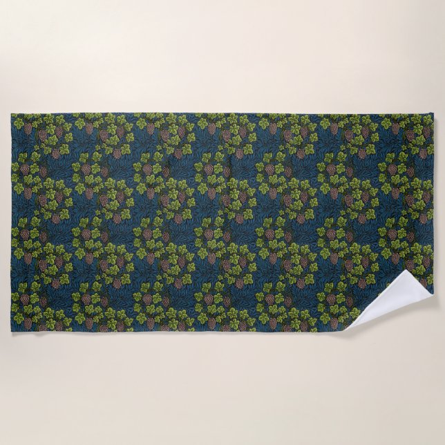 William Morris Seamless Grape Vine Black Pattern Beach Towel (Front)