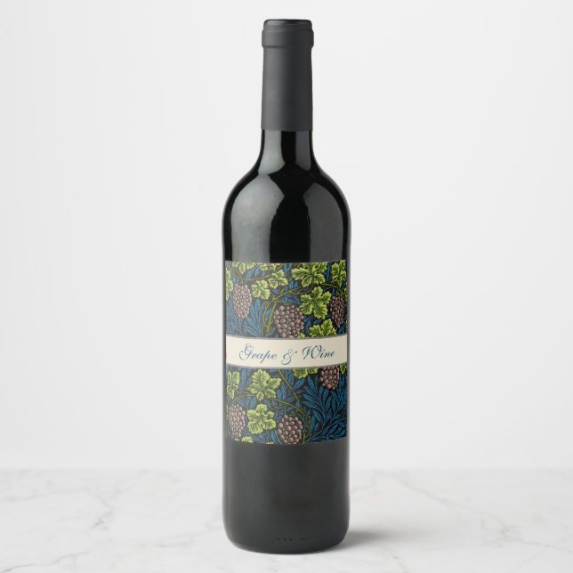 William Morris Seamless Grape Vine Black Pattern Wine Label (Front)