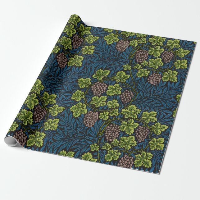 William Morris Seamless Grape Vine Black Pattern Wrapping Paper (Unrolled)