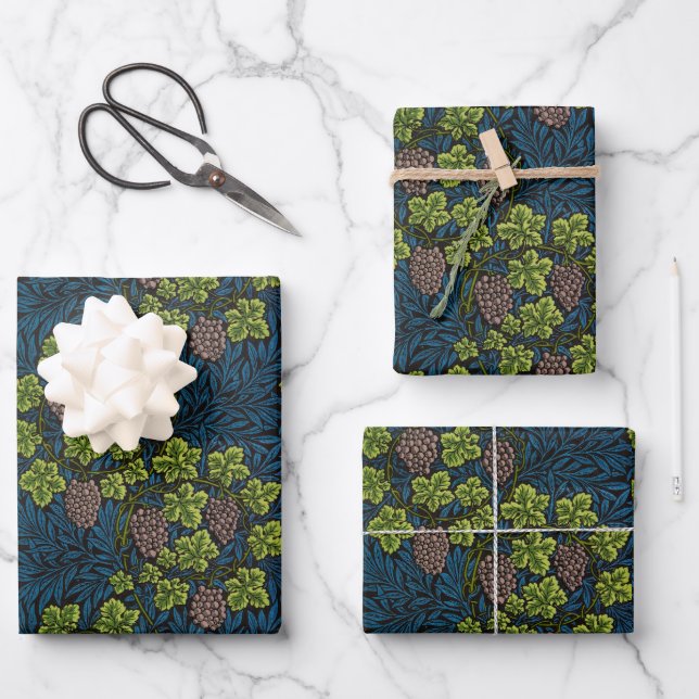 William Morris Seamless Grape Vine Black Pattern Wrapping Paper Sheet (Front)