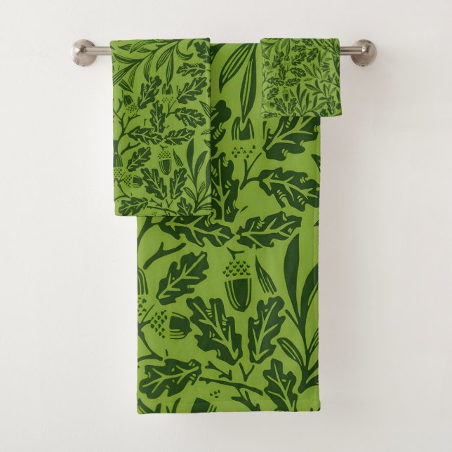 William Morris Seamless Green Oak Leaf Pattern Bath Towel Set (Insitu)