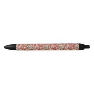 William Morris Seaweed Antique Flower Red Green Black Ink Pen