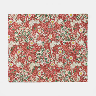 William Morris Seaweed Antique Flower Red Green Fleece Blanket