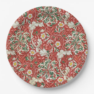 William Morris Seaweed Antique Flower Red Green Paper Plate